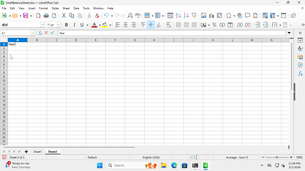 Step 2: Click cell A1 and type "Year"