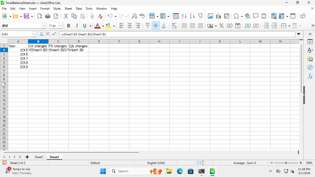 Step 11: Click cell B2 and type "=(Sheet1.B3-Sheet1.B2)/Sheet1.B2"