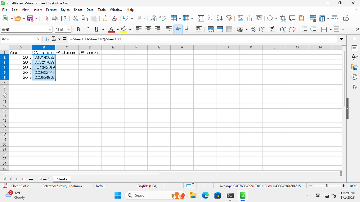 Step 13: Click cell B2, then drag the fill handle down to B6